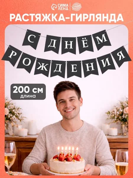 Гирлянда на ленте С Днем Рождения! / Черная / 200 см