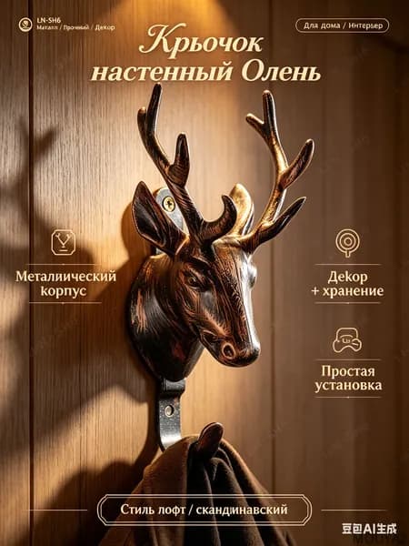 крючок настенный олень металлический 17см декоративный для интерьера прочный держатель одежды и ключей дизайнерский крючок для дома