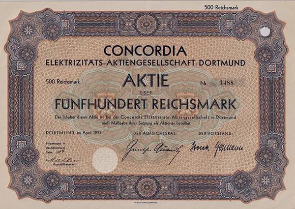 Германия, Электрическая компания Конкордия, Дортмунд, 1934 год, акция 500 рейхсмарок