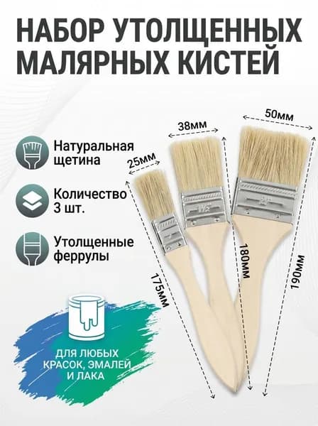 Набор кистей малярных для покраски: плоские кисти для стен, мебели и по металлу (3 шт.)