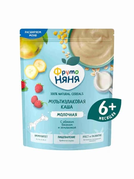 Каша сухая ФрутоНяня мультизлаковая с яблоком, бананом, земляника молочная, 190 г