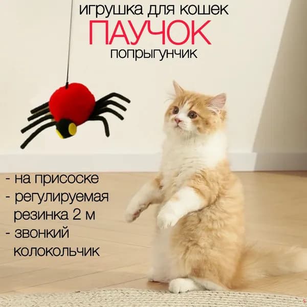 Игрушка для кошек интерактивная Паучок, дразнилка на резинке, подвесная игрушка на липучке