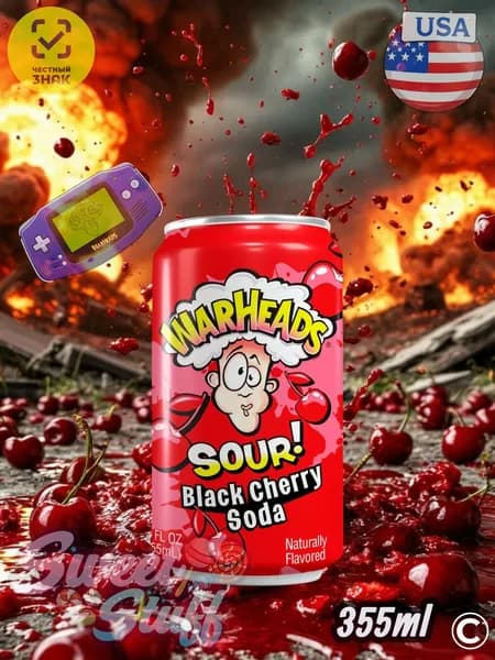 Напиток WARHEADS SOUR SODA ЧЕРНАЯ ВИШНЯ газированный 0.355л США