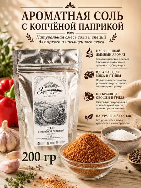 Соль с копчёной паприкой ароматная, 200 гр. Универсальная приправа для мяса, курицы, рыбных и овощных блюд. Для гриля и шашлыка. Златопряно. Металлизированный пакет.