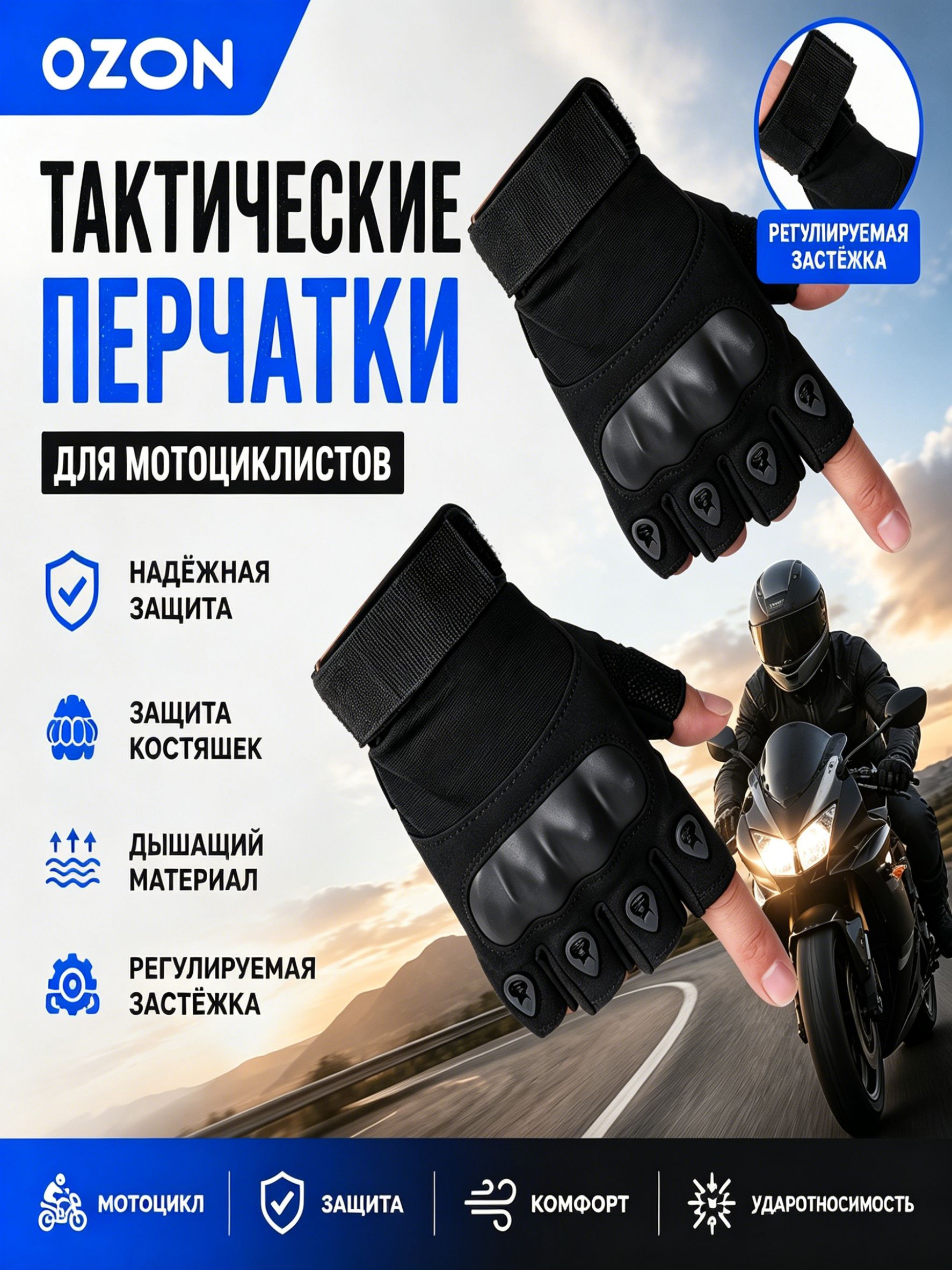 Мотоперчатки, размер: L, цвет: черный