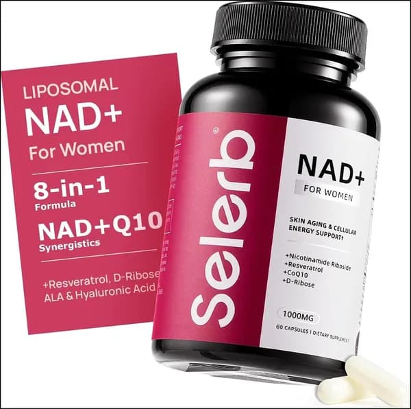 Nad+ Пищевая добавка для женщин, содержащая липосомальный никотинамидный нуклеозид, транс-ресвератрол и коэнзим Q10 для стимулирования обновления клеток. 60 капсул.