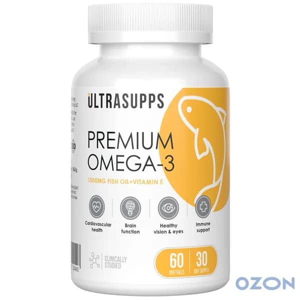 Омега-3 UltraSupps Premium Omega-3 1000 mg, 60 гелевых капсул