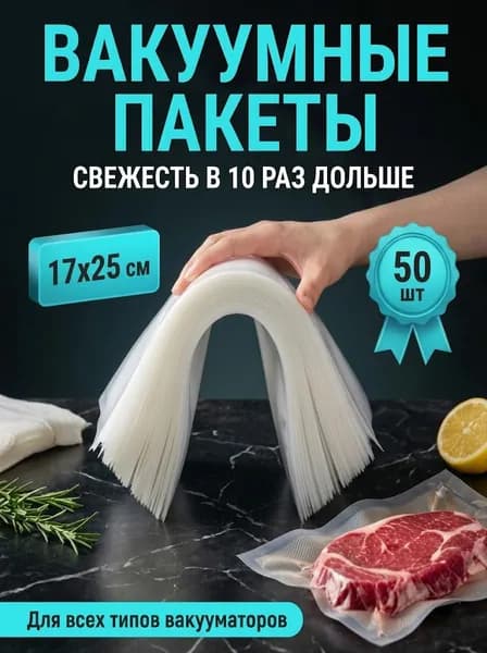 Вакуумные пакеты рифленые 25x17 см, 50 шт, плотные, для вакууматора, хранения продуктов, заморозки и су-вид