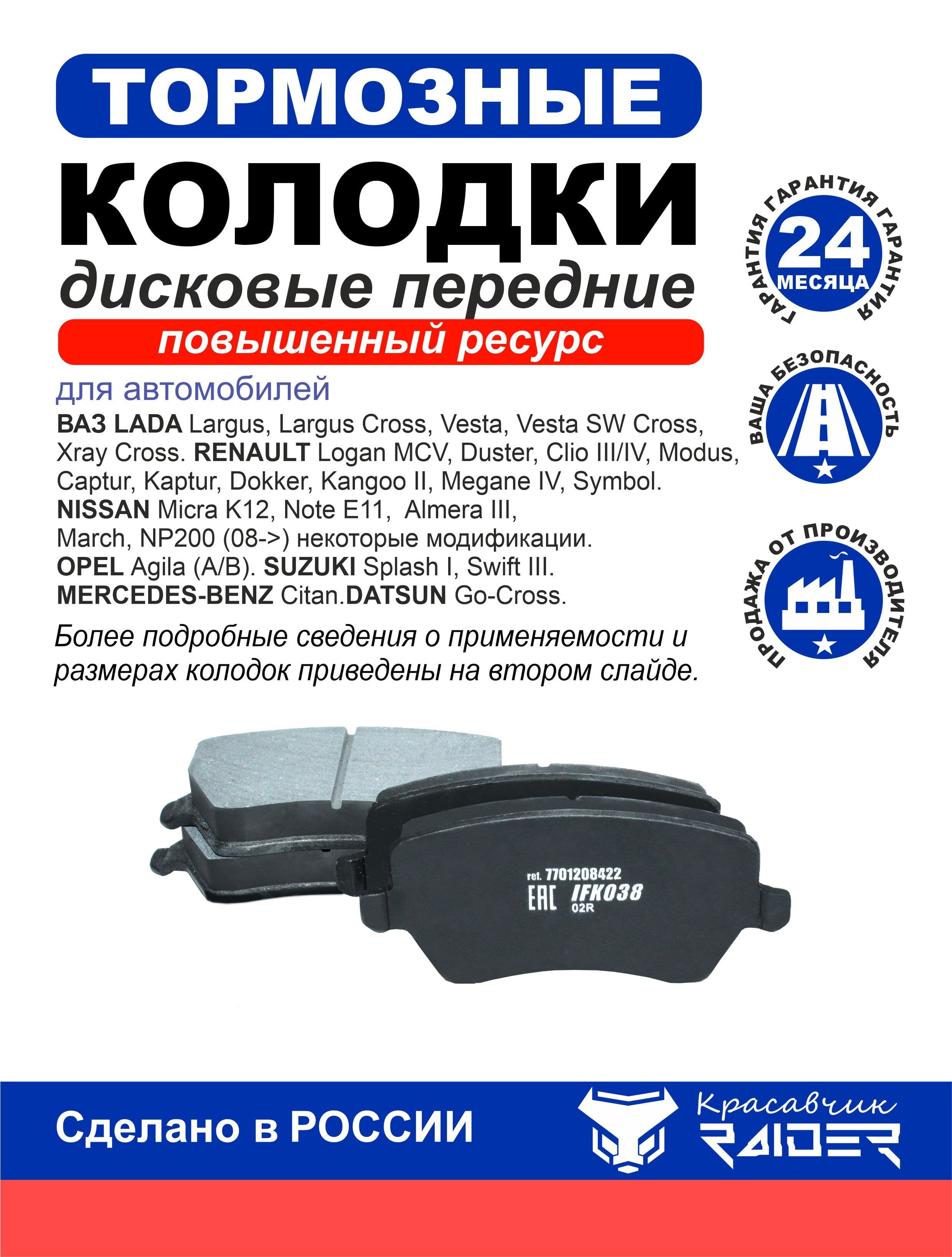 Колодки тормозные дисковые передние для Lada Largus, Largus Cross, Vesta, Vesta SW Cross, Xray Cross. Renault Logan MCV, Duster, Clio III/IV, Modus, Captur, Kaptur, Dokker. OEM: 7701208422;