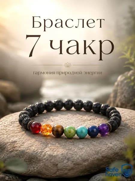 Браслет оберег на руку "Семь чакр" с вулканическим камнем
