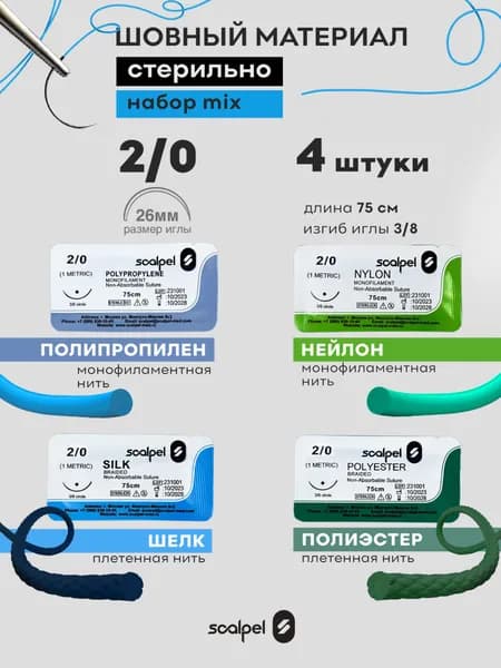 Учебный шовный материал для ран 2.0 - 4 шт