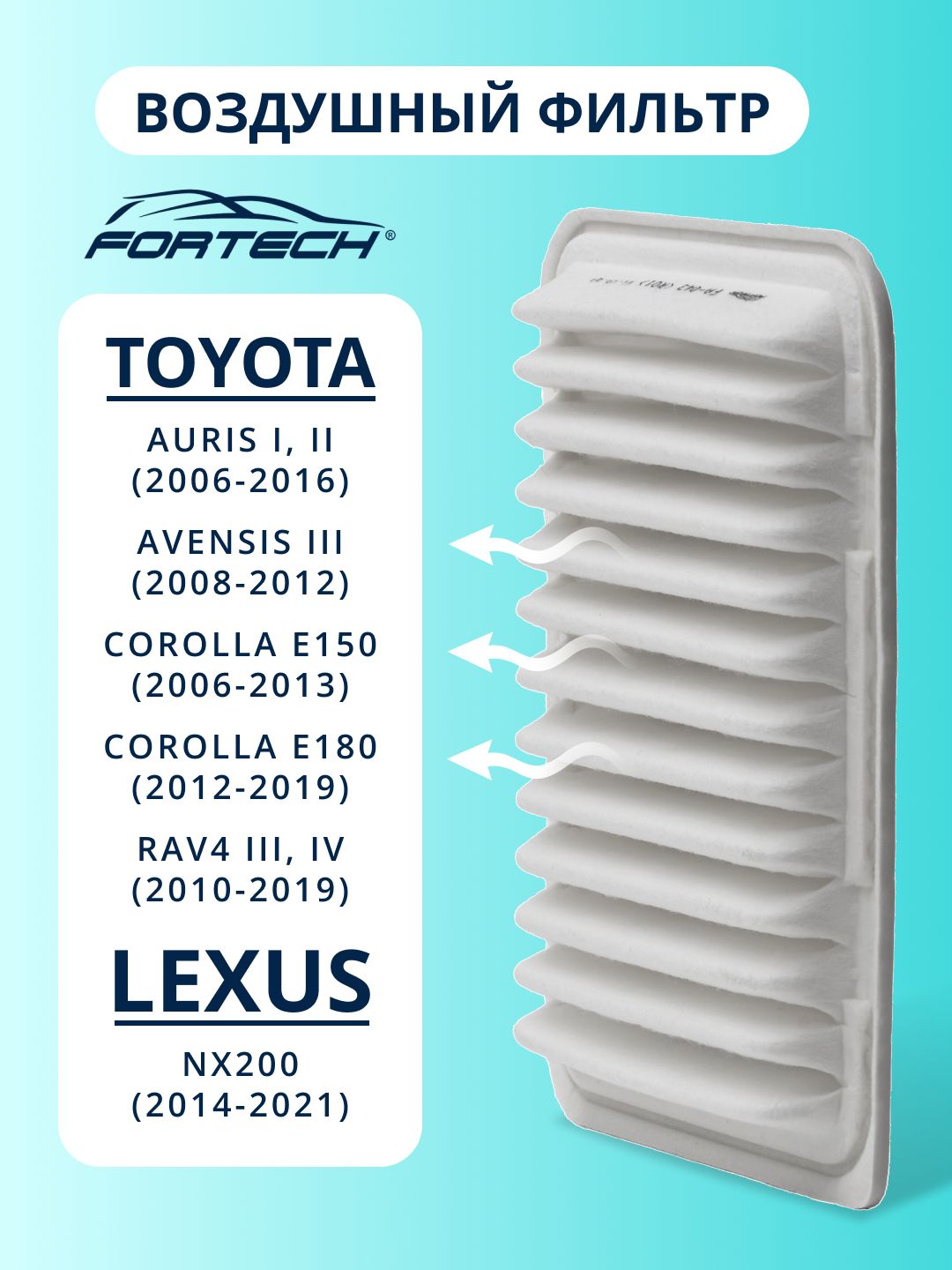Фильтр воздушный TOYOTA AURIS I II AVENSIS III COROLLA E150 COROLLA E180 RAV4 III IV, LEXUS NX200 FORTECH FA-043