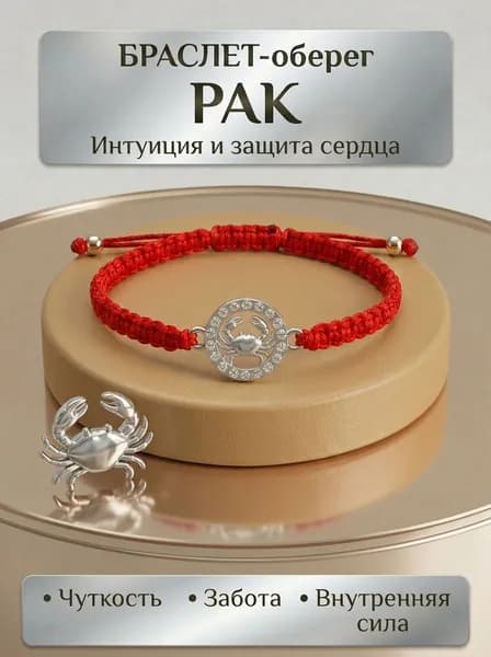 Браслет красная нить Рак на запястье оберег талисман с кулоном серебристый
