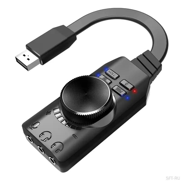 Виртуальный 7.1-канальный звуковой адаптер USB со входами для наушников и микрофона, регулятором громкости, кнопкой отключения микрофона, черный вариант для настольных компьютеров и ноутбуков