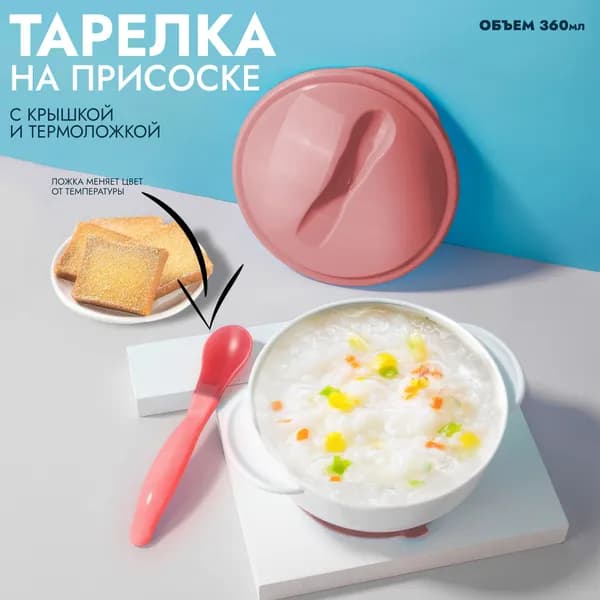Детская пластиковая тарелка на присоске с крышкой и термоложкой