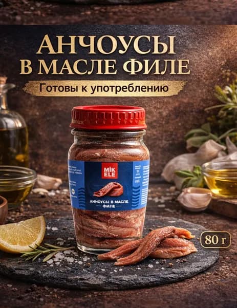 Анчоусы MIKELE в масле филе 80 г, готовые, для пасты, пиццы, салатов