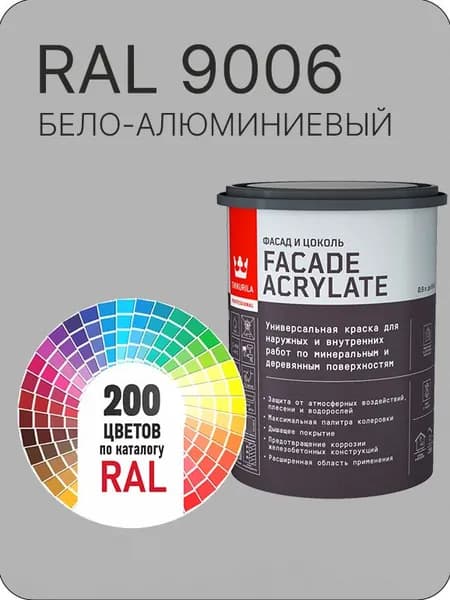 Tikkurila Facade Acrylate краска для фасадов и интерьеров цвет бело -алюминиевый Ral 9006 0.9 л.