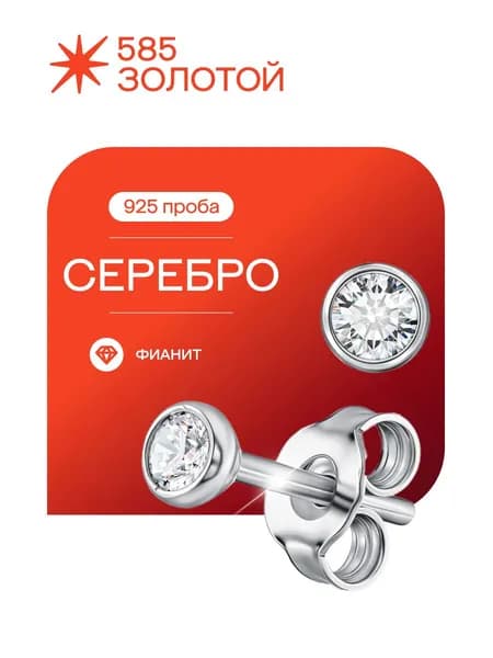 Серьги женские серебро 925, пусеты с фианитами