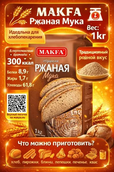 Мука ржаная MAKFA хлебопекарная обдирная, 1кг