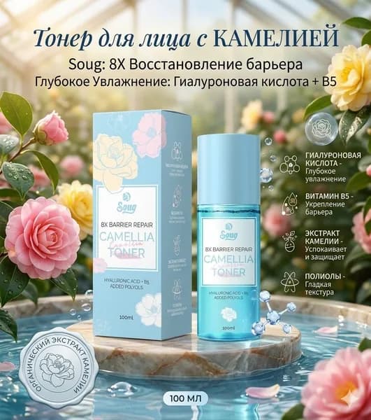 Тоник с камелией, 100 мл, увлажняющий, для лица и шеи, для всех типов кожи, в коробке