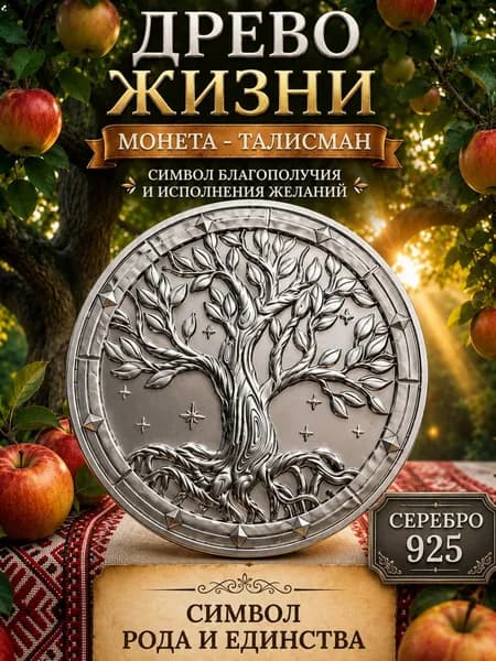 Сувенирная монета Древо жизни Амулет для женщин Серебро 925