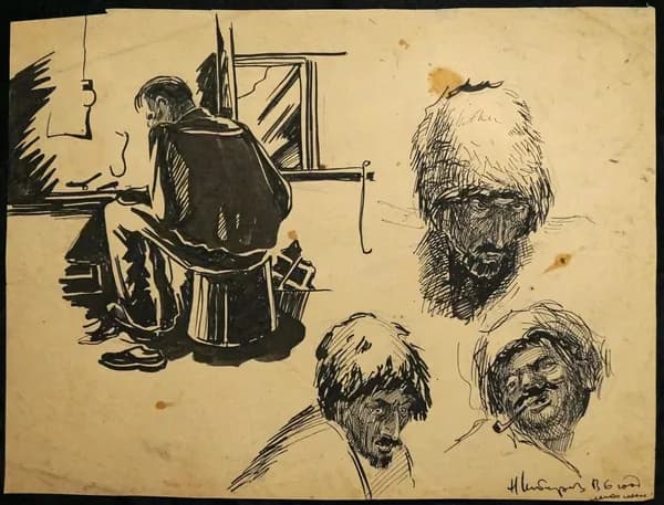 Шеберстов Н. (худ.). Художник за столом и три головы - горцы в папахах.