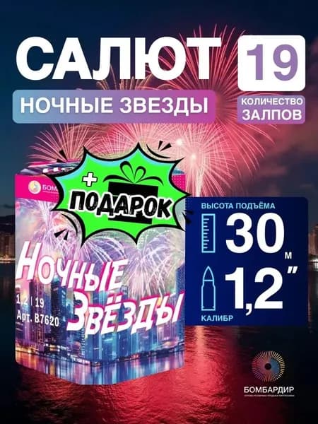 Салют "Ночные звезды", 1 салют, калибр 1,2", 19 залпов, бренд Бомбардир + подарок