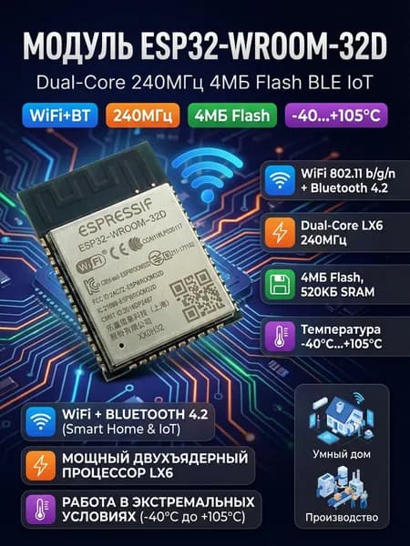 Модуль ESP32-WROOM-32D, Wi-Fi Bluetooth BLE, 240МГц, 4МБ Flash