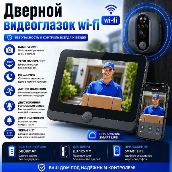 Видеоглазок дверной wi-fi W1B, видеодомофон, аккумулятор 5000mAh, двусторонняя голосовая связь, ночной режим, датчик движения, Android/Ios, HD
