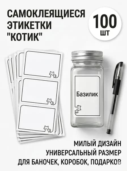 Набор самоклеящихся этикеток "Котик", 58х40мм, 100 шт. Наклейки для маркировки банок, специй, тетрадей и детских вещей