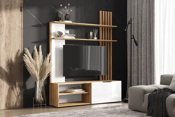 Стенка для гостиной Роджинамиф (Белый глянец/Дуб крафт)