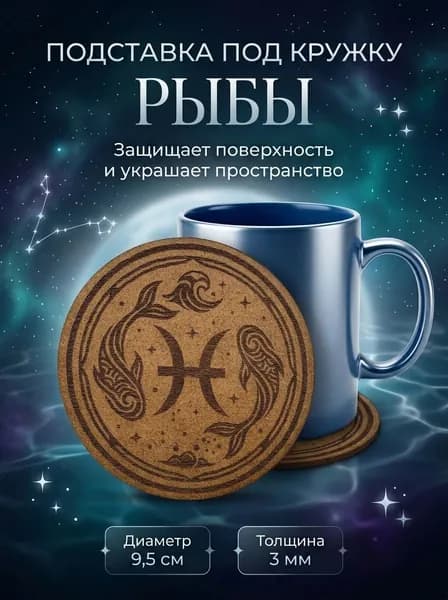 Подставка под кружку Рыбы, подставка под горячее со знаком зодиака, подарок по гороскопу, 9,5 см