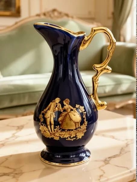 Винтажный фарфоровый кувшин La Reine Limoges с романтичной сценой, Франция, позолота, фигурный край, 18 см