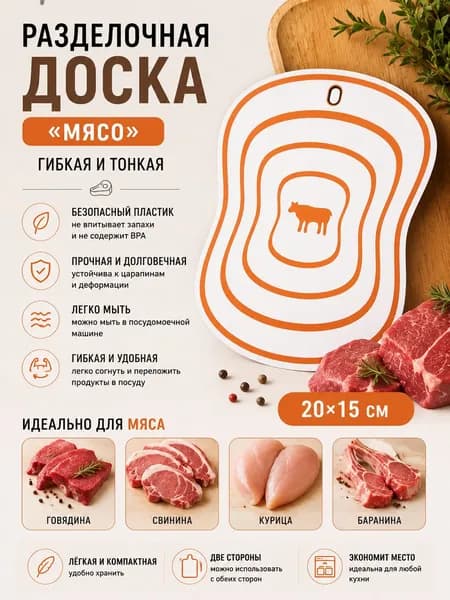 Доска разделочная пластиковая гибкая 20*15см "Мясо"