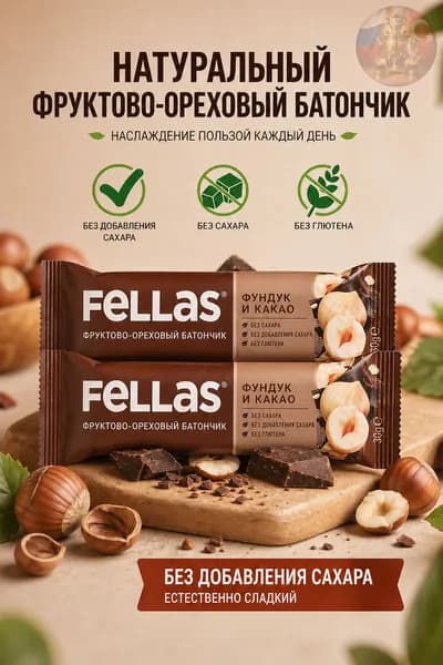Fellas Батончик с орехами, какао и фундуком 2x30 г