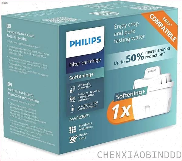 Сменный картридж для очистки жесткой воды Philips AWP230P1,1 штука,смягчение воды,удаляет хлор,известковый налет,тяжелые металлы,не содержит BPA,подходит для фильтр-кувшинов Brita и Philips