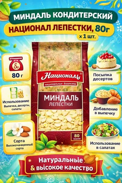 Миндаль кондитерский НАЦИОНАЛЬ лепестки, 80г