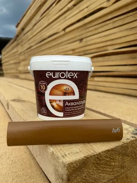 EUROTEX (ЕВРОТЕКС) Дуб (0,9 кг) АКВАЛАЗУРЬ (лак + пропитка) БЕЗ ЗАПАХА, защитно-декоративное покрытие для древесины, ПОЛУГЛЯНЦЕВЫЙ блеск, Рогнеда