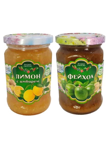 Лимон с имбирем / Фейхоа протертые с сахаром "Ягодное ожерелье", 2 баночки по 340г