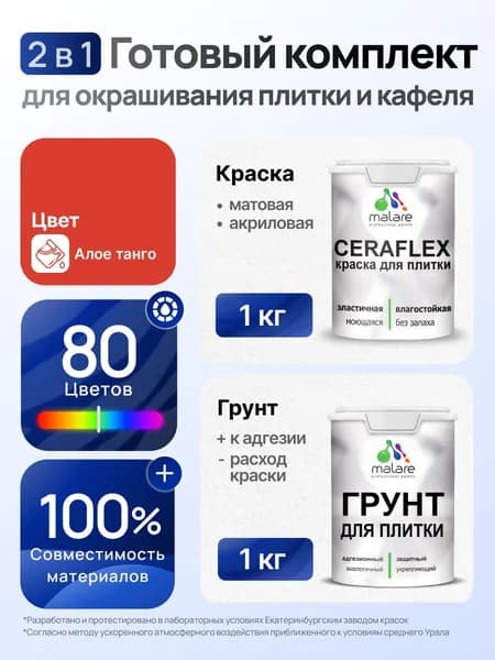 Комплект Malare LIPPO для окрашивания плитки и кафеля (1кг грунт + 1 кг краска), акриловый, без запаха, быстросохнущий, матовый, цвет алое танго