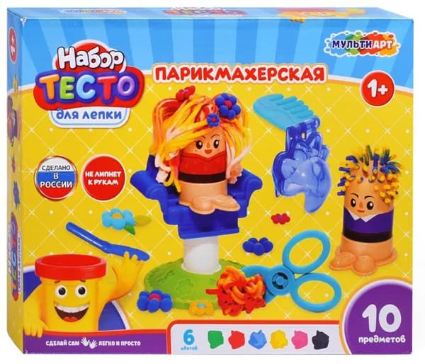 Тесто для лепки цветное "Парикмахер", игровой набор для детского творчества и развития мелкой моторики, 6 цветов + формочки и аксессуары