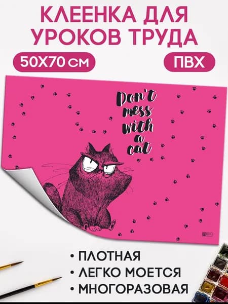 Плёнка цветная для уроков труда "КРЭЙЗИ КОТ", 50х70 см, полноцветный дизайн, ПВХ 130 мкм.