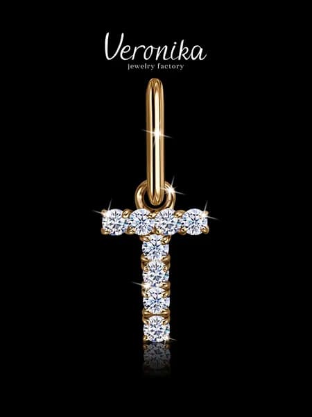 Подвеска серебро 925 пробы позолоченная кулон на шею Буква Т с фианитами Veronika jewelry factory