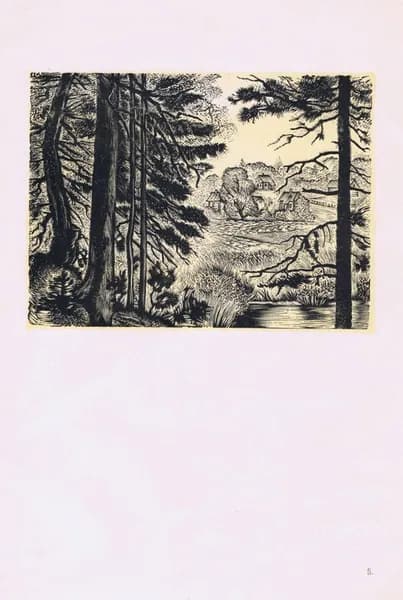 Леонид Хижинский. Середниково, Московской области. Парк. Антикварная авторская гравюра (ксилография). СССР, 1956 год