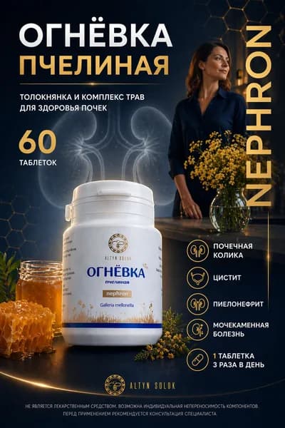 Огневка пчелиная Нефрон мочегонное, для почек, от отеков, от цистита, пиелонефрита, 60 таблеток