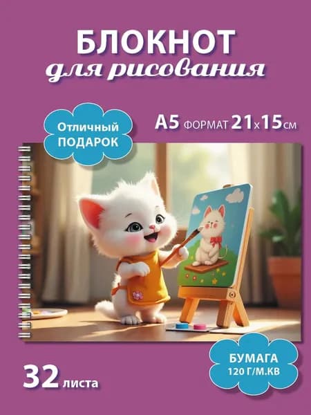 Блокнот для рисования детский А5 с кошкой и мольбертом