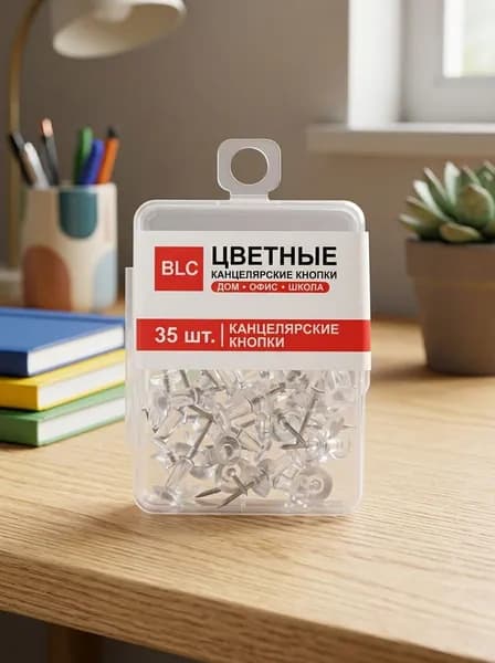 Кнопки канцелярские прозрачные гвоздики, силовые, 35 штук в контейнере