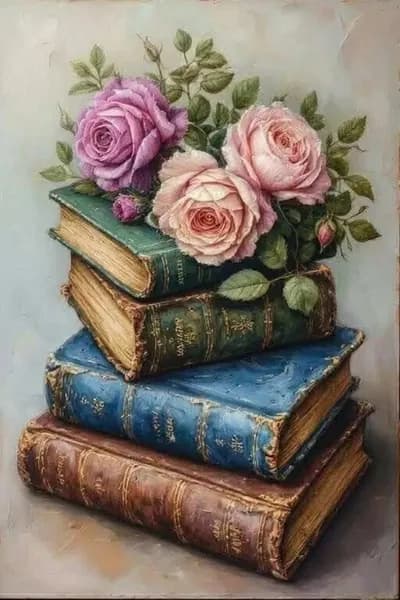 Металлическая табличка "Винтажные книги и розы", декоративный интерьерный постер, ретро картина на металле для кабинета и библиотеки, 20х30 см