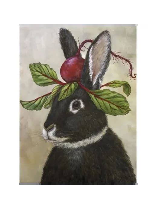 Черный кролик с репой на голове, животное на холсте 20x30см