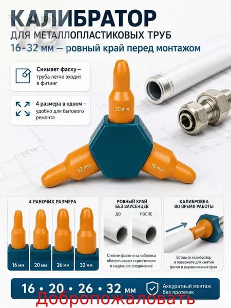 Калибратор для металлопластиковых труб 16-32 мм, универсальный фаскосниматель и развертка для монтажа систем отопления/водоснабжения, инструмент для выравнивания пекс труб
